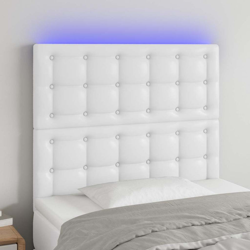 Tăblie de pat cu LED, alb, 100x5x118/128 cm, piele ecologică