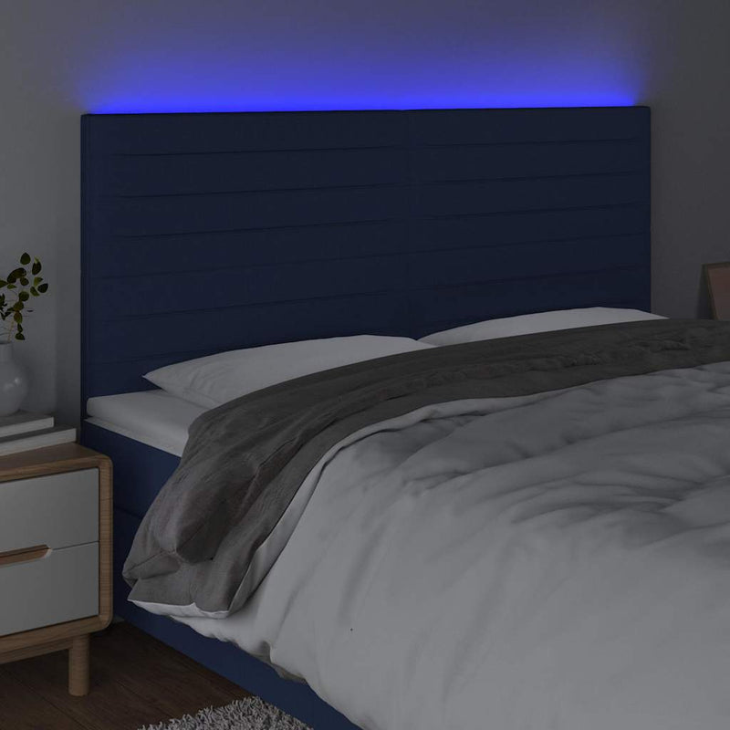 Tăblie de pat cu LED, albastru, 160x5x118/128 cm, textil