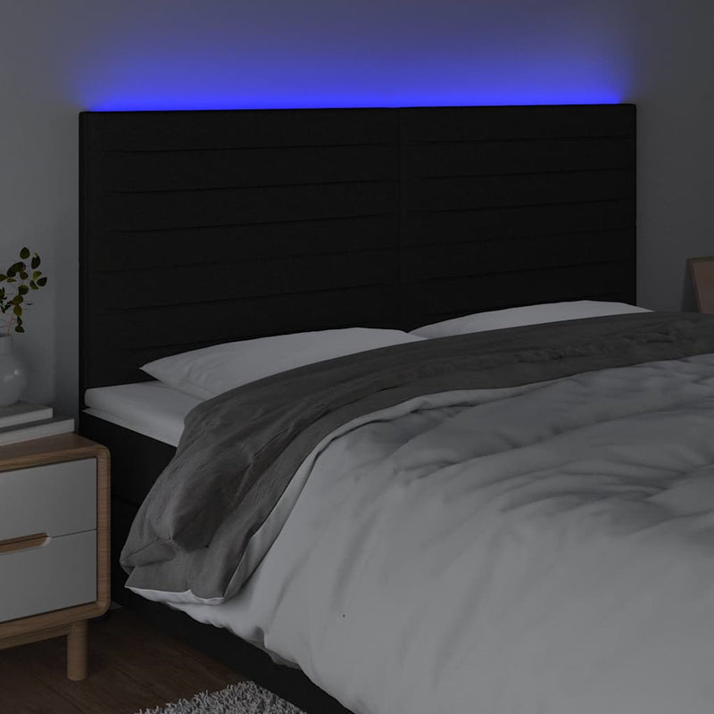 Tăblie de pat cu LED, negru, 180x5x118/128 cm, textil