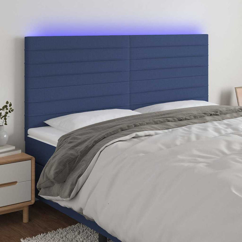 Tăblie de pat cu LED, albastru, 200x5x118/128 cm, textil