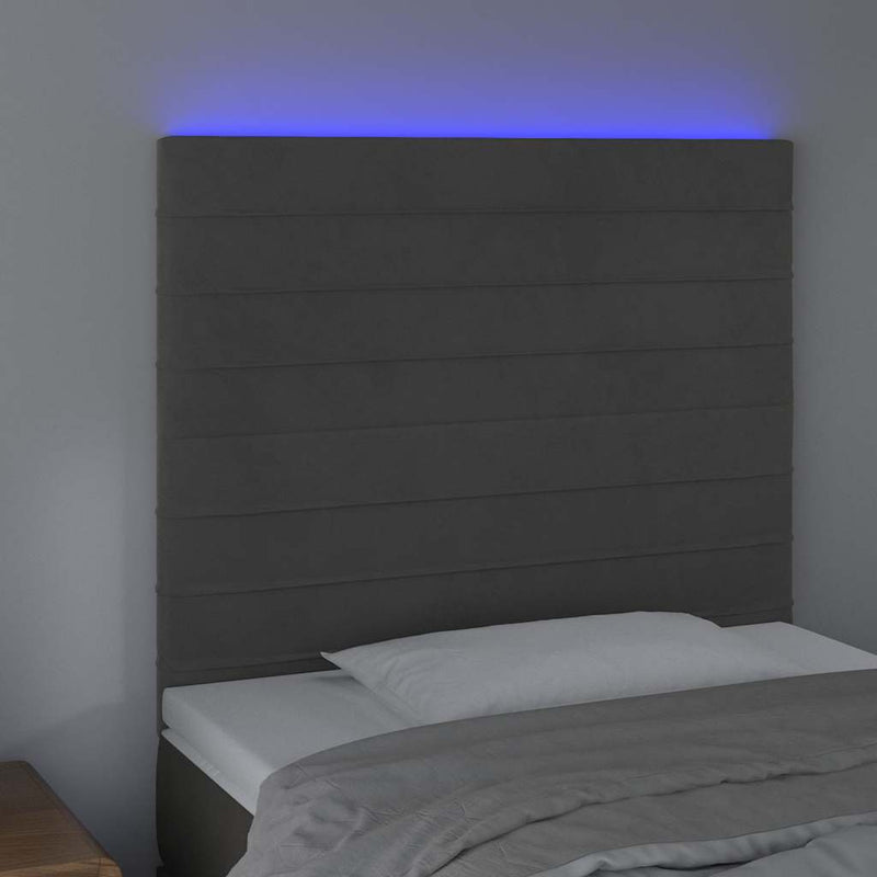 Tăblie de pat cu LED, gri închis, 100x5x118/128 cm, textil