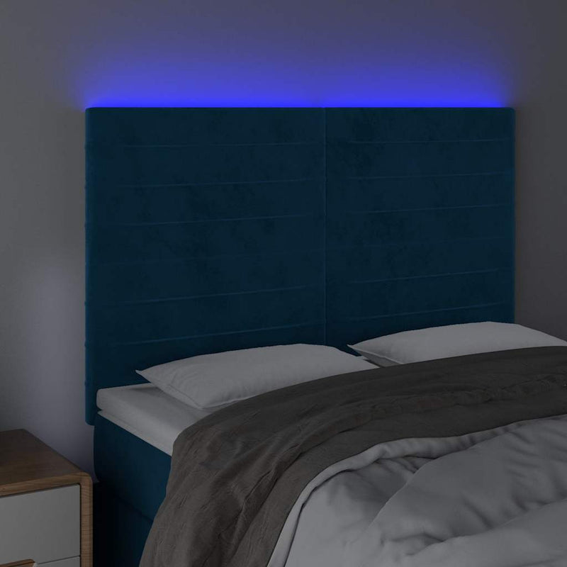Tăblie de pat cu LED, albastru închis, 144x5x118/128cm, catifea