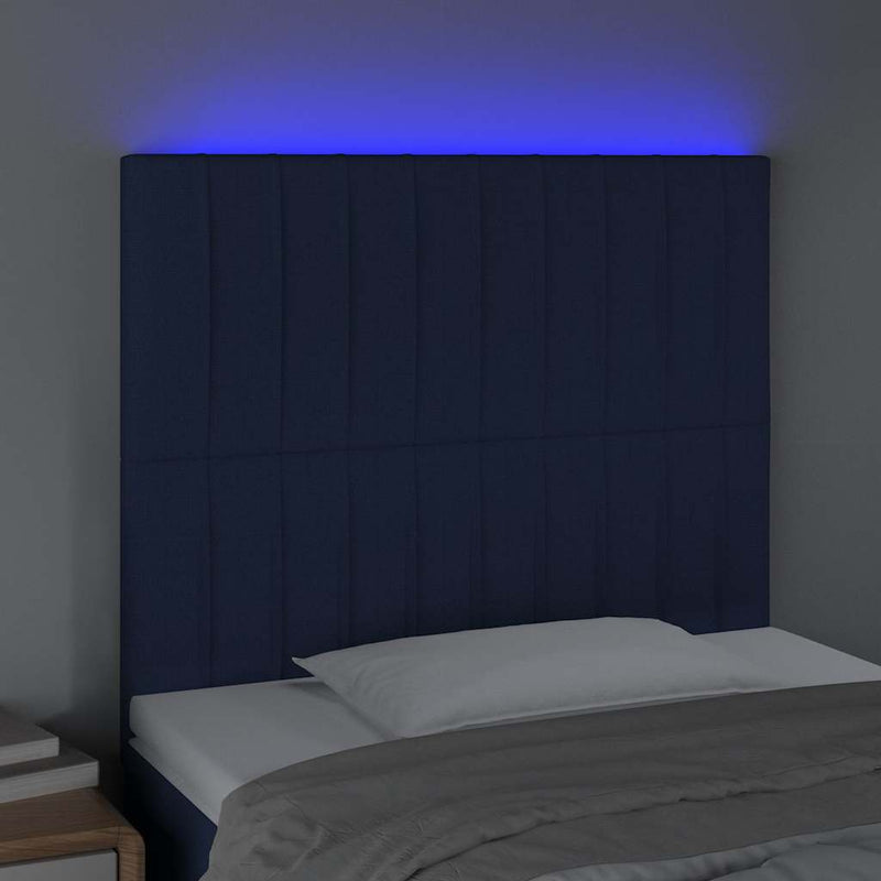 Tăblie de pat cu LED, albastru, 100x5x118/128 cm, textil