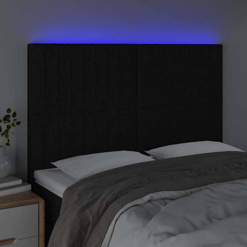 Tăblie de pat cu LED, negru, 144x5x118/128 cm, textil