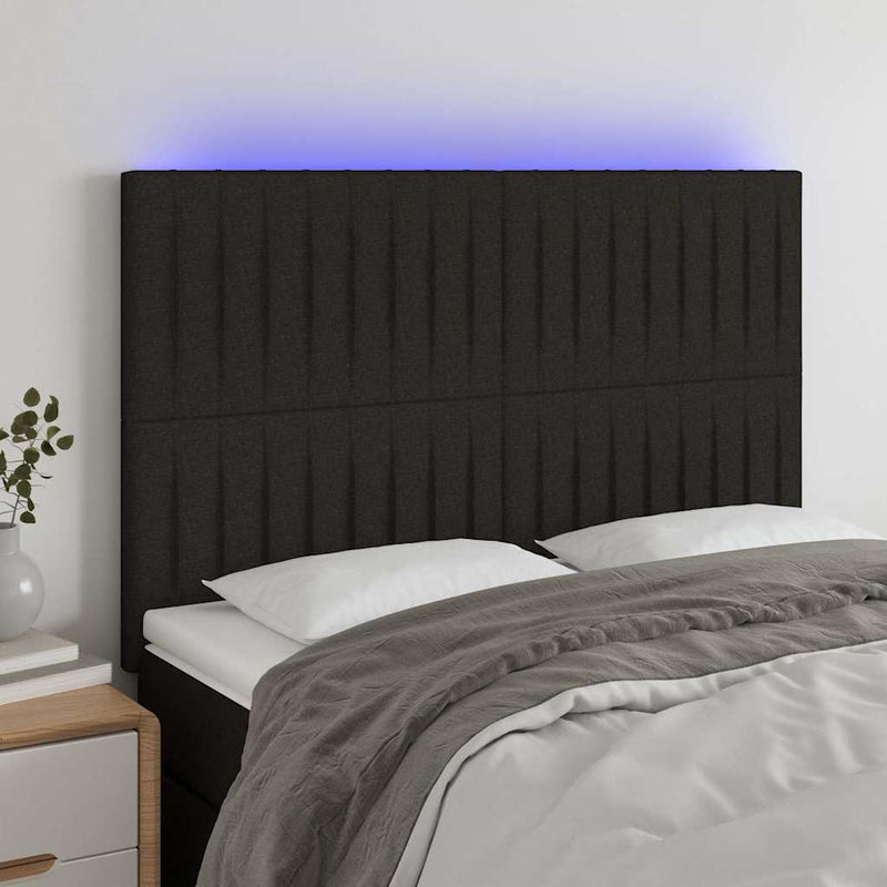 Tăblie de pat cu LED, negru, 144x5x118/128 cm, textil