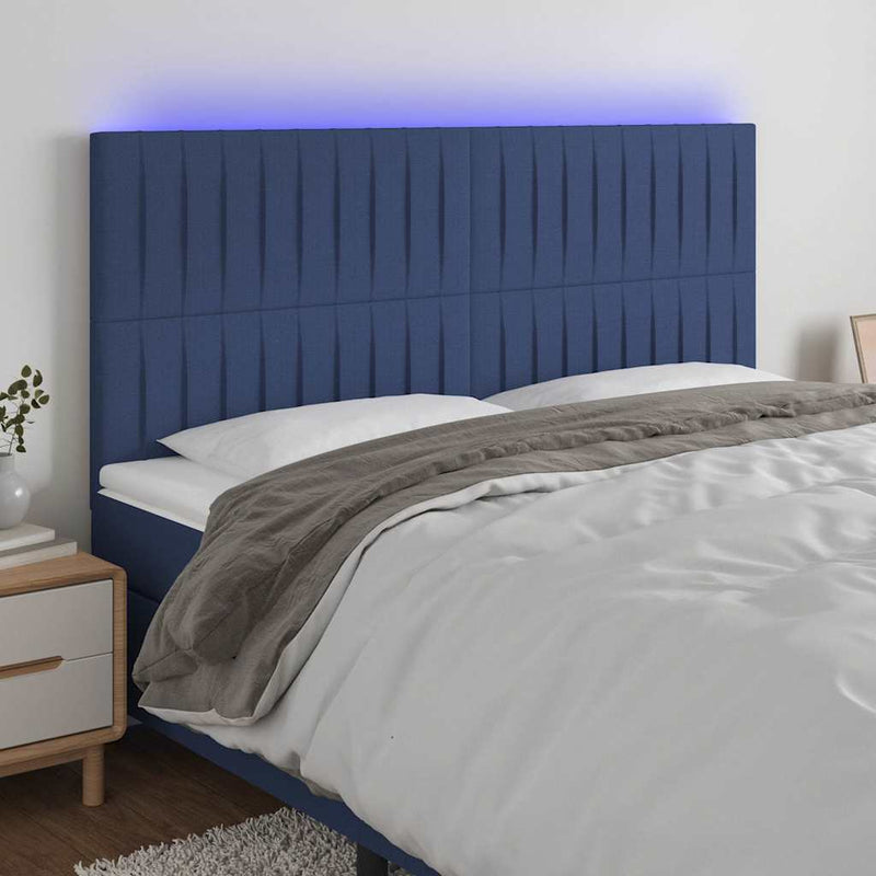 Tăblie de pat cu LED, albastru, 200x5x118/128 cm, textil
