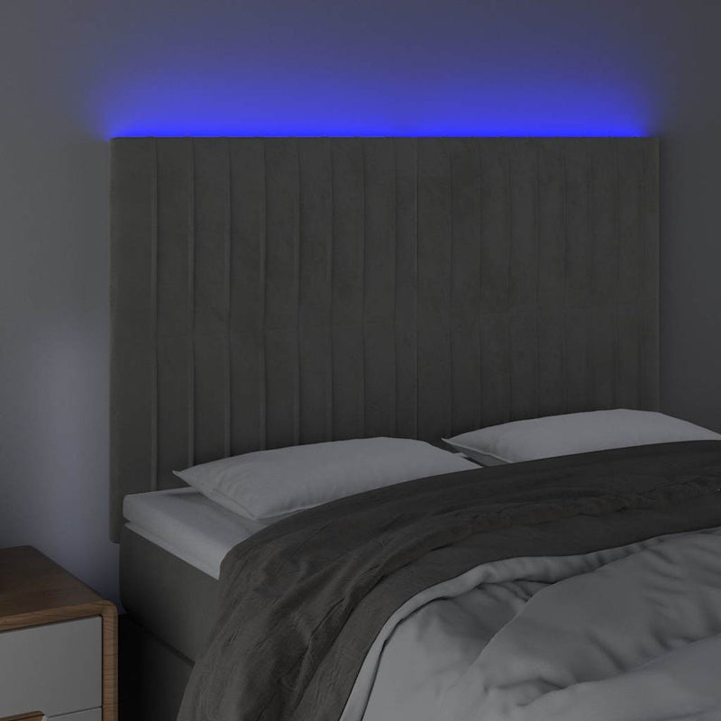 Tăblie de pat cu LED, gri deschis, 144x5x118/128 cm, catifea