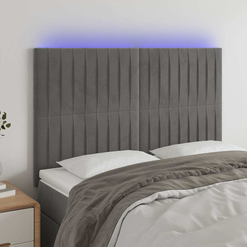 Tăblie de pat cu LED, gri deschis, 144x5x118/128 cm, catifea