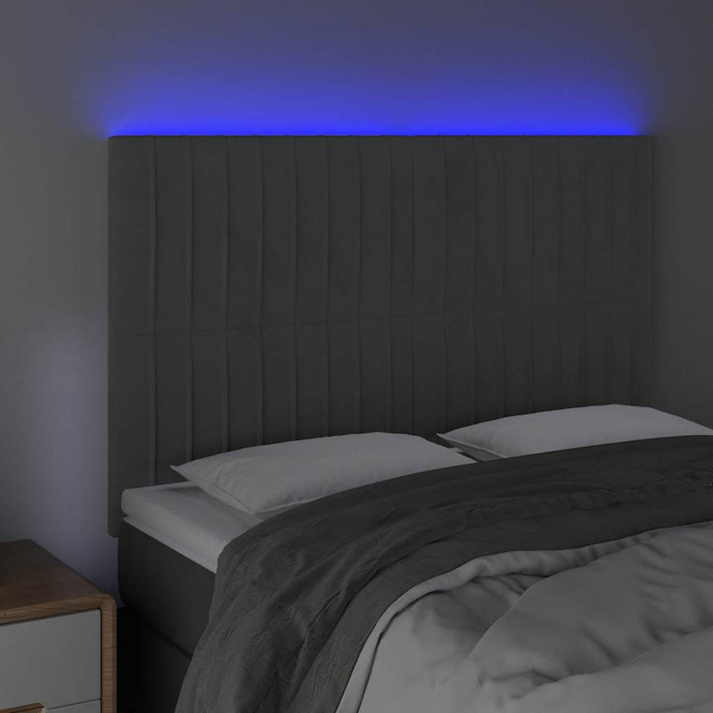 Tăblie de pat cu LED, gri închis, 144x5x118/128 cm, catifea