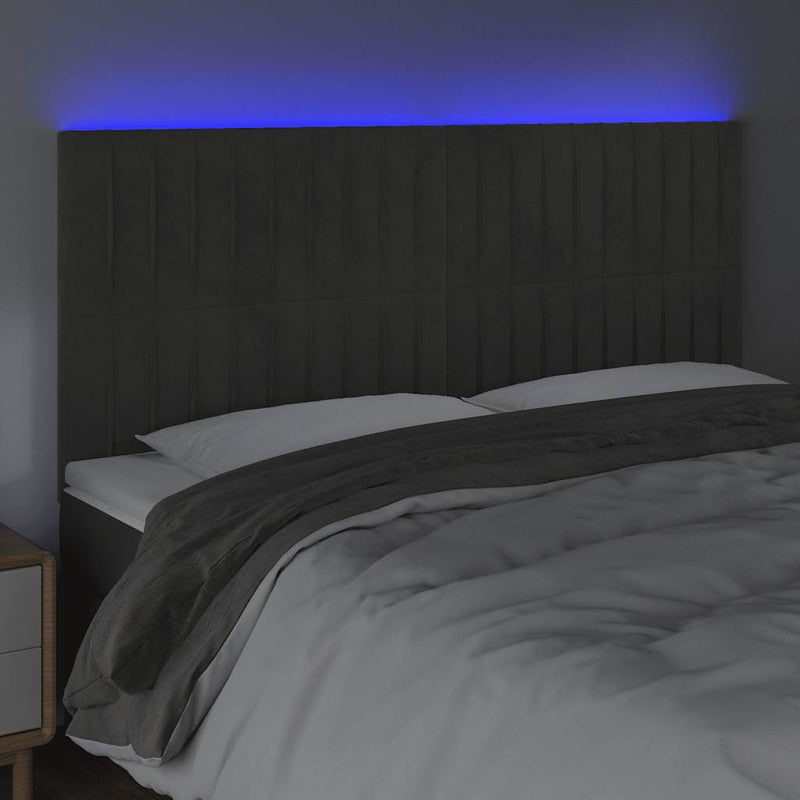 Tăblie de pat cu LED, gri închis, 200x5x118/128 cm, catifea