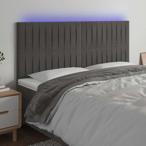 Tăblie de pat cu LED, gri închis, 200x5x118/128 cm, catifea