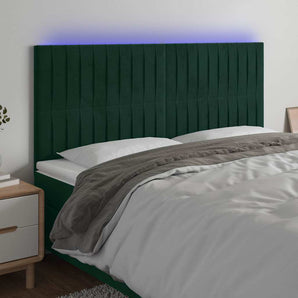 Tăblie de pat cu LED, verde închis, 200x5x118/128 cm, catifea