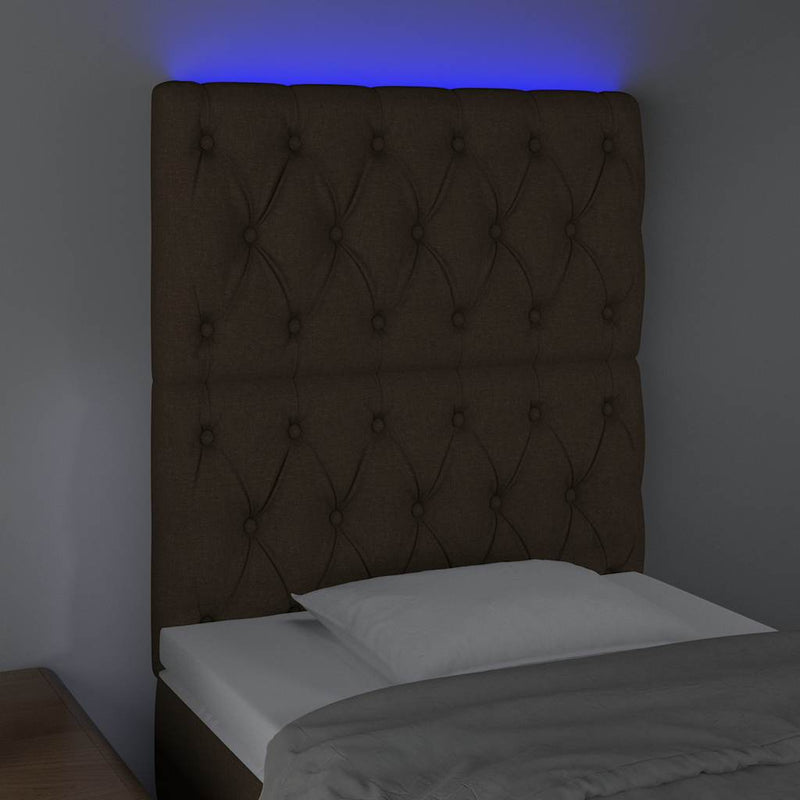 Tăblie de pat cu LED, maro închis, 80x7x118/128 cm, textil