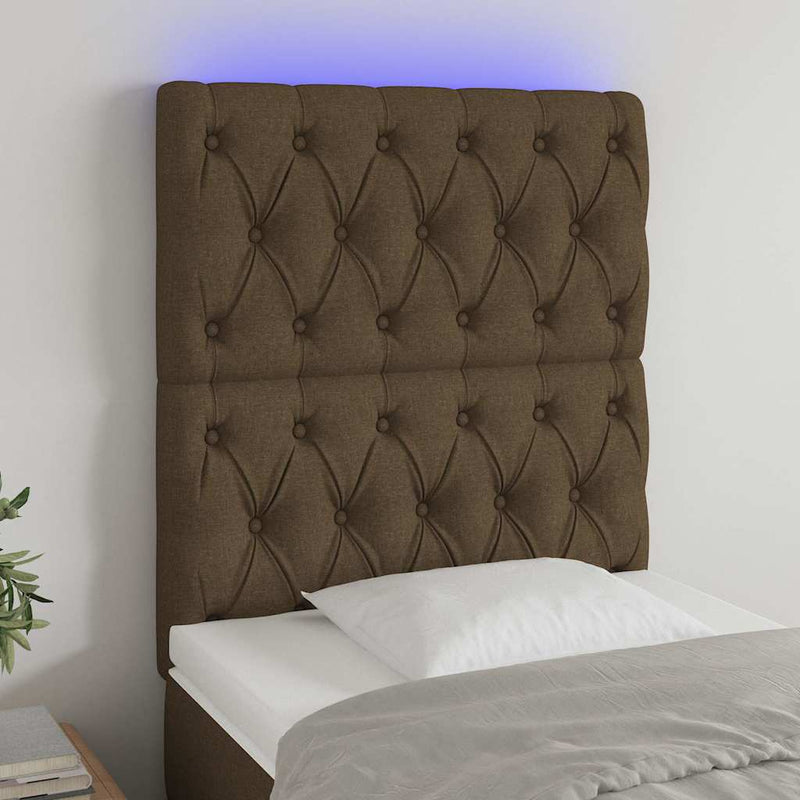 Tăblie de pat cu LED, maro închis, 80x7x118/128 cm, textil