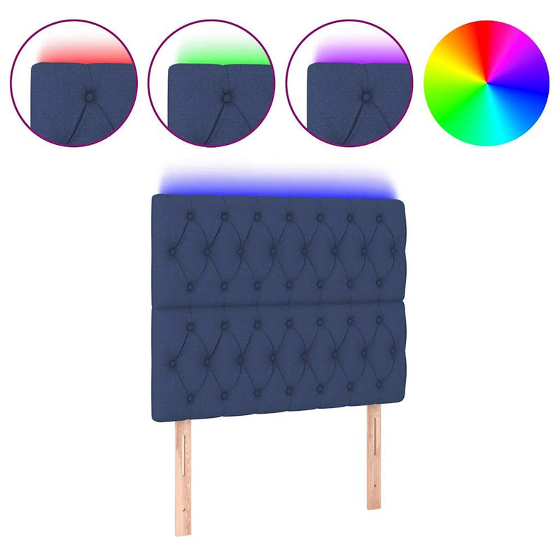 Tăblie de pat cu LED, albastru, 90x7x118/128 cm, textil