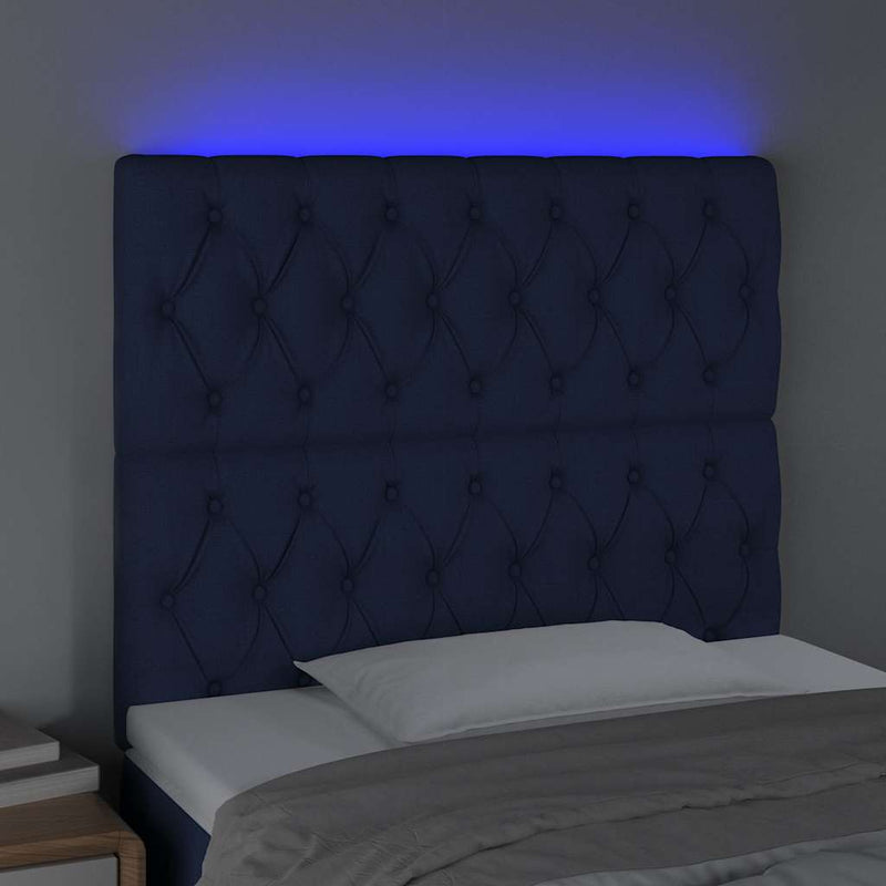 Tăblie de pat cu LED, albastru, 100x7x118/128 cm, textil