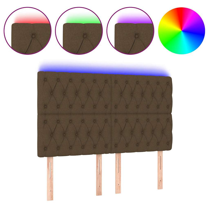 Tăblie de pat cu LED, maro închis, 144x7x118/128 cm, textil