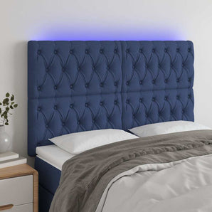 Tăblie de pat cu LED, albastru, 144x7x118/128 cm, textil