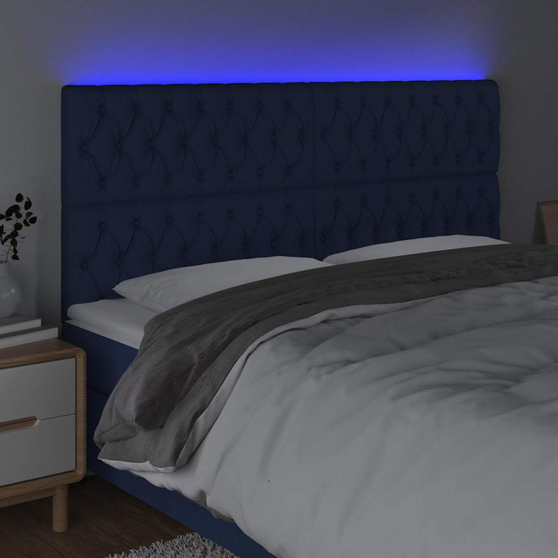 Tăblie de pat cu LED, albastru, 180x7x118/128 cm, textil
