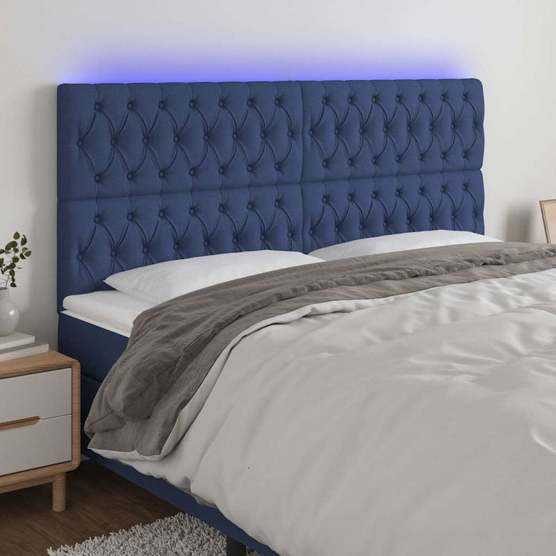 Tăblie de pat cu LED, albastru, 180x7x118/128 cm, textil