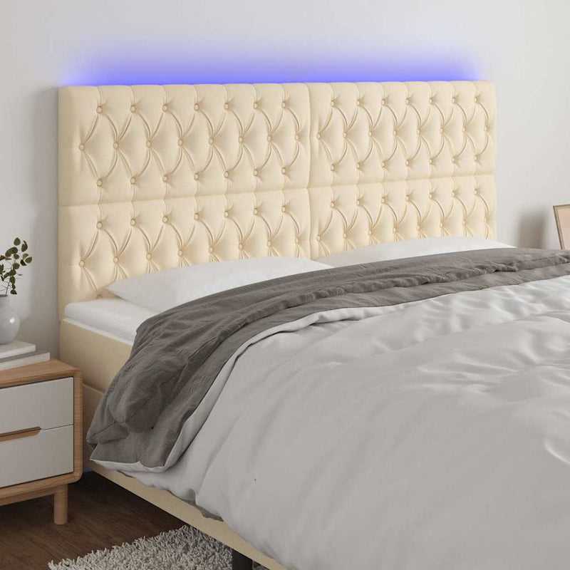 Tăblie de pat cu LED, crem, 200x7x118/128 cm, textil