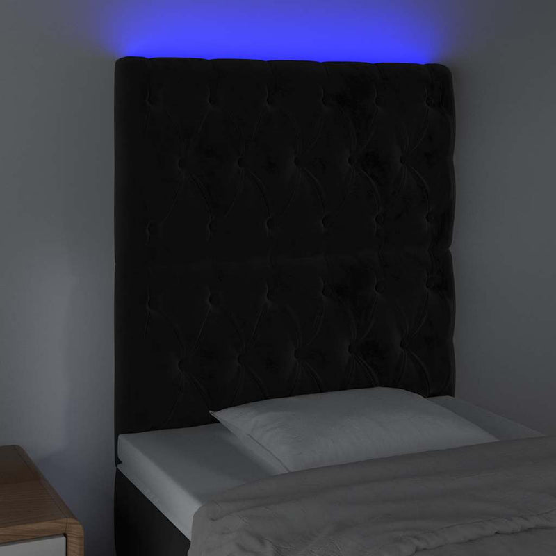 Tăblie de pat cu LED, negru, 80x7x118/128 cm, catifea
