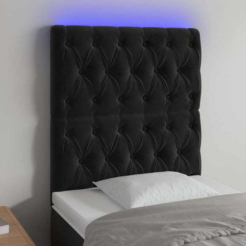 Tăblie de pat cu LED, negru, 80x7x118/128 cm, catifea
