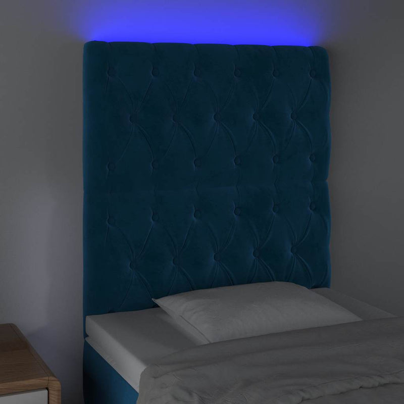 Tăblie de pat cu LED, albastru închis, 80x7x118/128cm, catifea