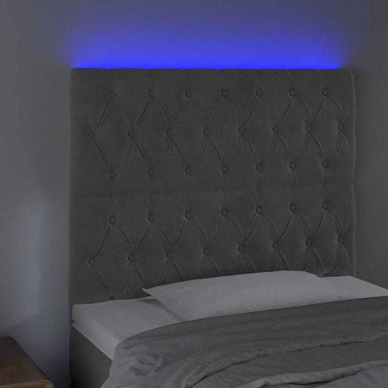Tăblie de pat cu LED, gri deschis, 90x7x118/128 cm, catifea