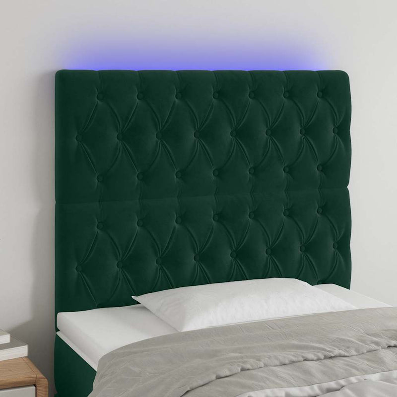 Tăblie de pat cu LED, verde închis, 100x7x118/128 cm, catifea