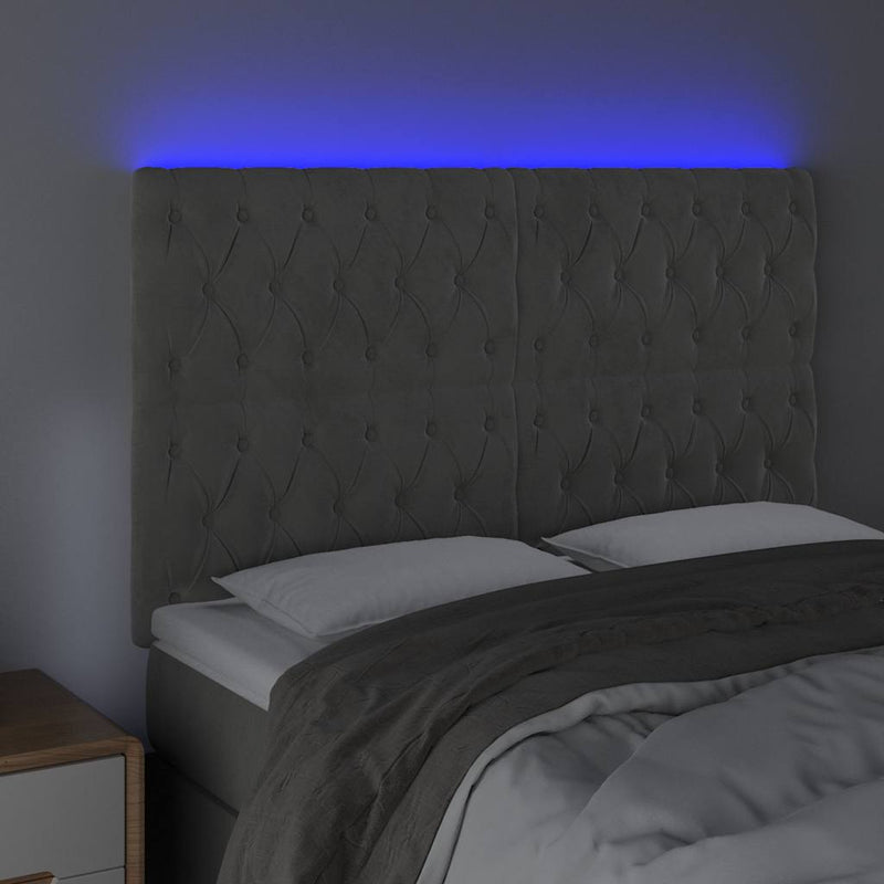 Tăblie de pat cu LED, gri deschis, 144x7x118/128 cm, catifea