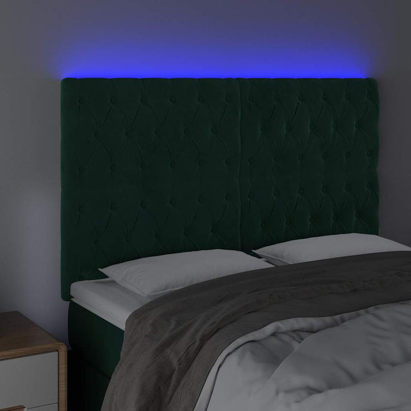 Tăblie de pat cu LED, verde închis, 144x7x118/128 cm, catifea