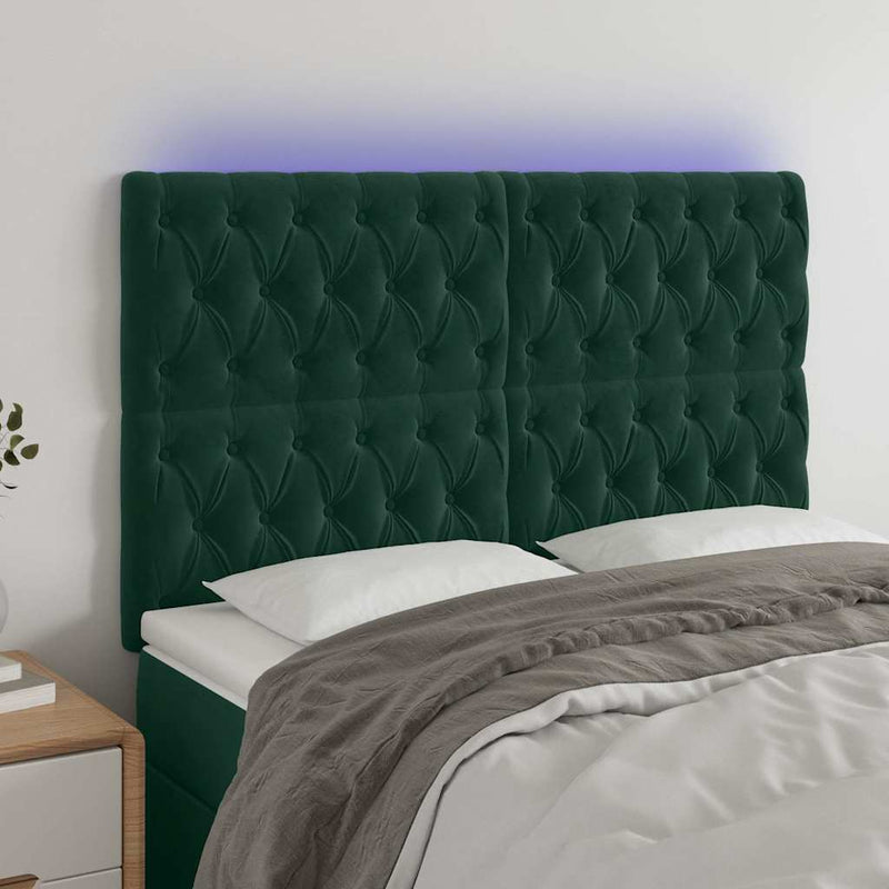 Tăblie de pat cu LED, verde închis, 144x7x118/128 cm, catifea