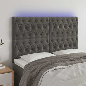 Tăblie de pat cu LED, gri închis, 160x7x118/128 cm, catifea