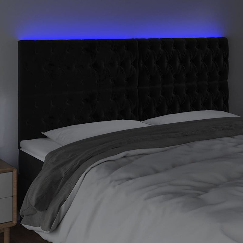 Tăblie de pat cu LED, negru, 200x7x118/128 cm, catifea