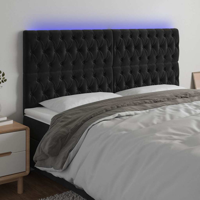 Tăblie de pat cu LED, negru, 200x7x118/128 cm, catifea