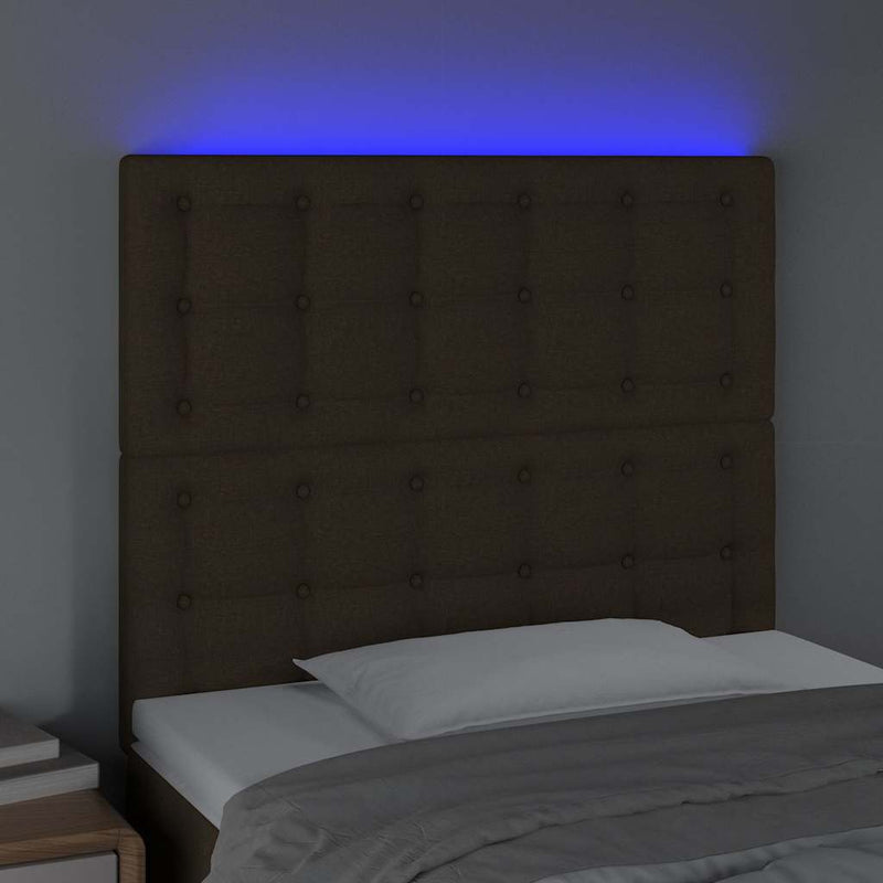 Tăblie de pat cu LED, maro închis, 90x5x118/128 cm, textil
