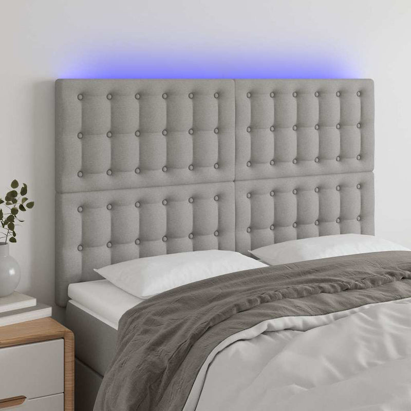 Tăblie de pat cu LED, gri deschis, 144x5x118/128 cm, textil