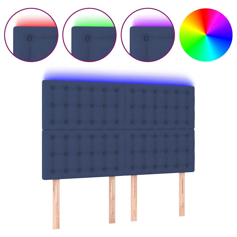 Tăblie de pat cu LED, albastru, 144x5x118/128 cm, textil