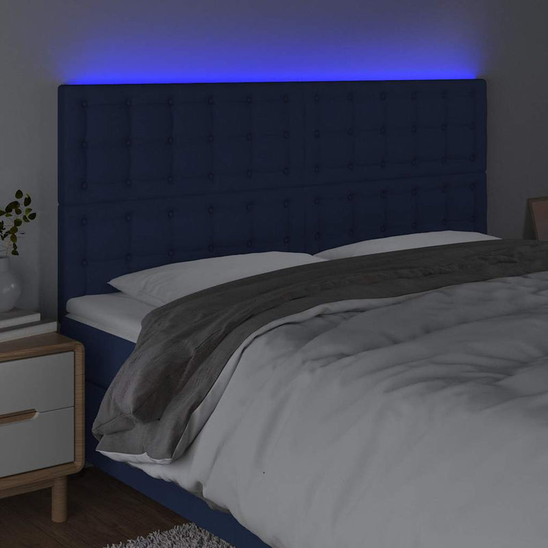 Tăblie de pat cu LED, albastru, 180x5x118/128 cm, textil