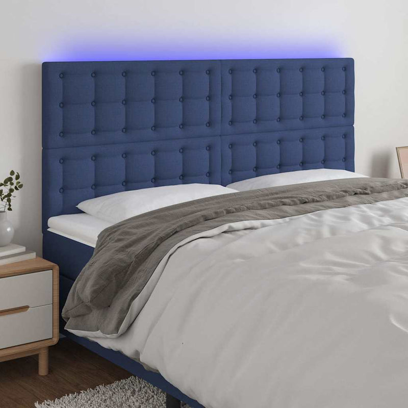 Tăblie de pat cu LED, albastru, 180x5x118/128 cm, textil