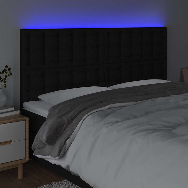 Tăblie de pat cu LED, negru, 200x5x118/128 cm, textil