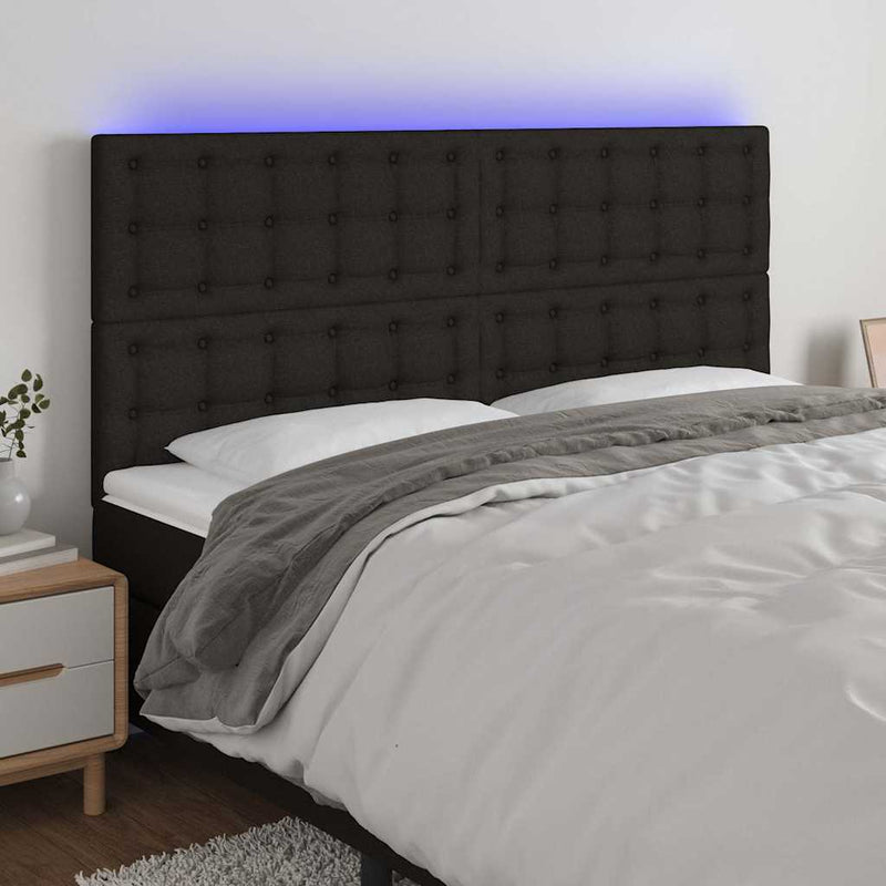 Tăblie de pat cu LED, negru, 200x5x118/128 cm, textil