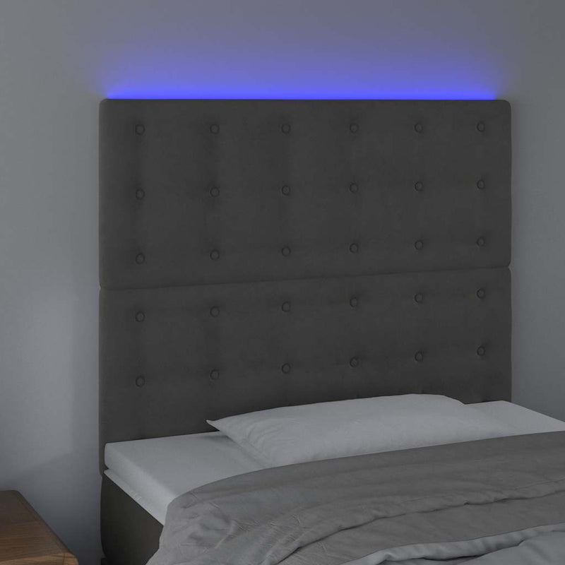 Tăblie de pat cu LED, gri închis, 90x5x118/128 cm, catifea
