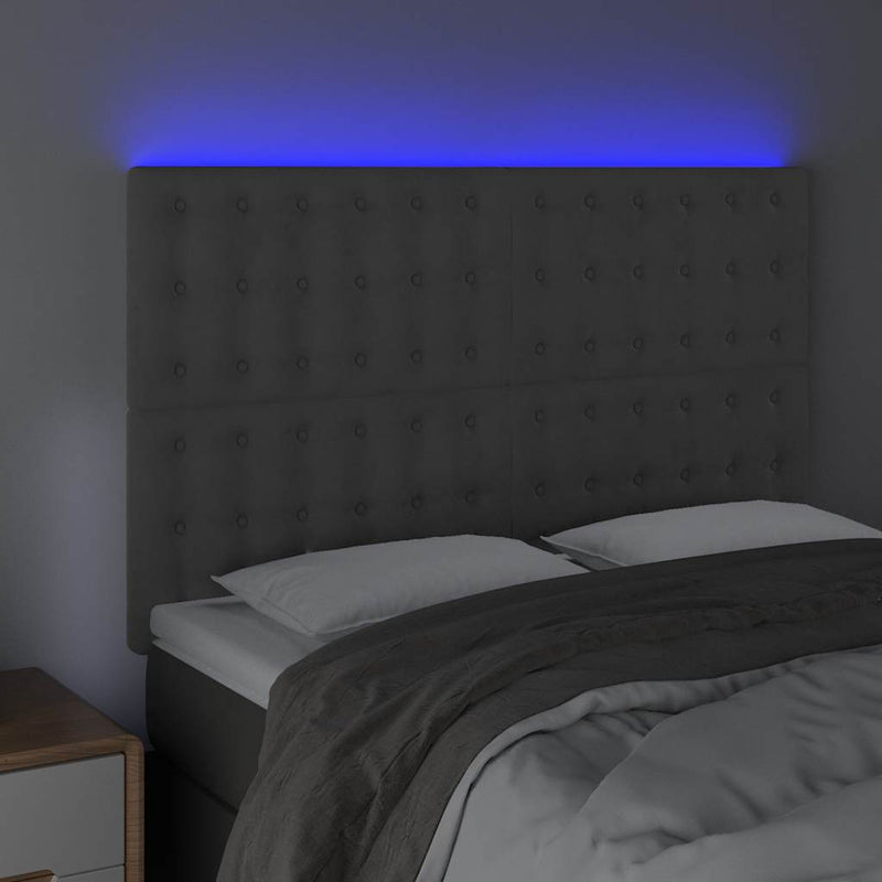 Tăblie de pat cu LED, gri deschis, 144x5x118/128 cm, catifea