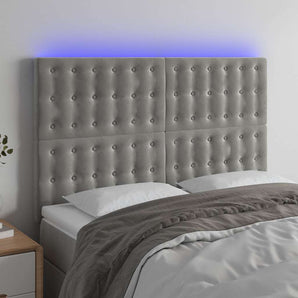 Tăblie de pat cu LED, gri deschis, 144x5x118/128 cm, catifea
