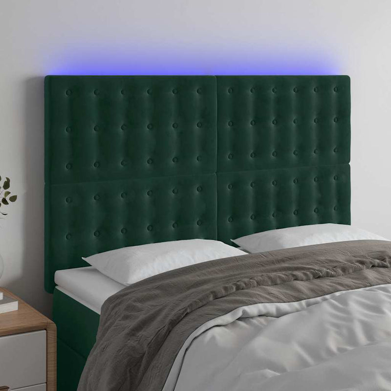 Tăblie de pat cu LED, verde închis, 144x5x118/128 cm, catifea