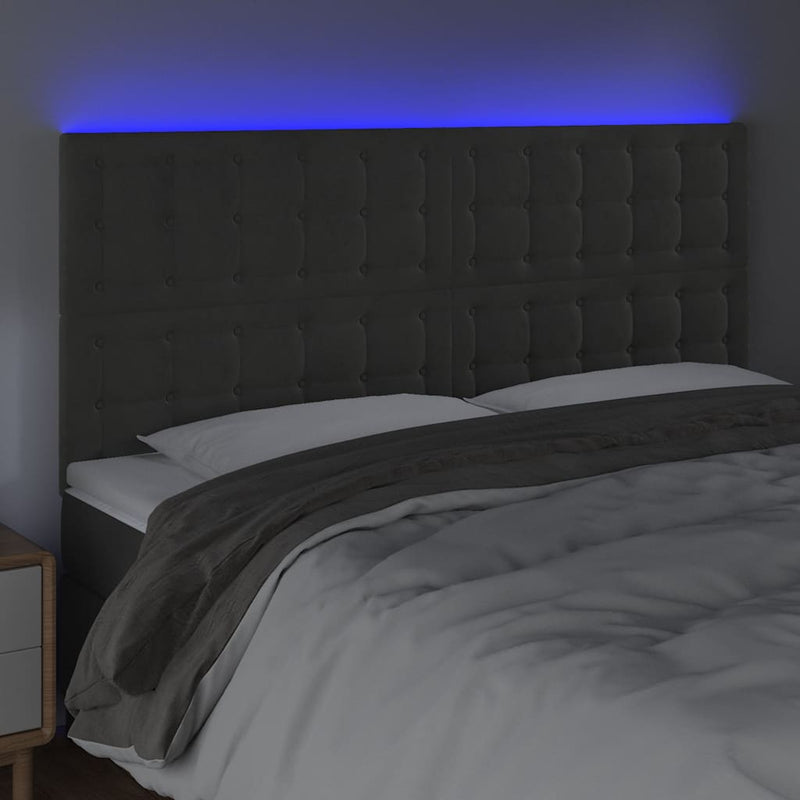 Tăblie de pat cu LED, gri închis, 180x5x118/128 cm, catifea