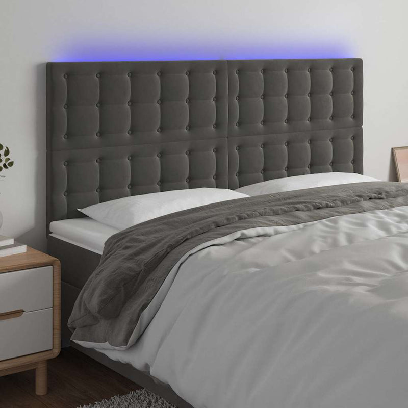 Tăblie de pat cu LED, gri închis, 180x5x118/128 cm, catifea