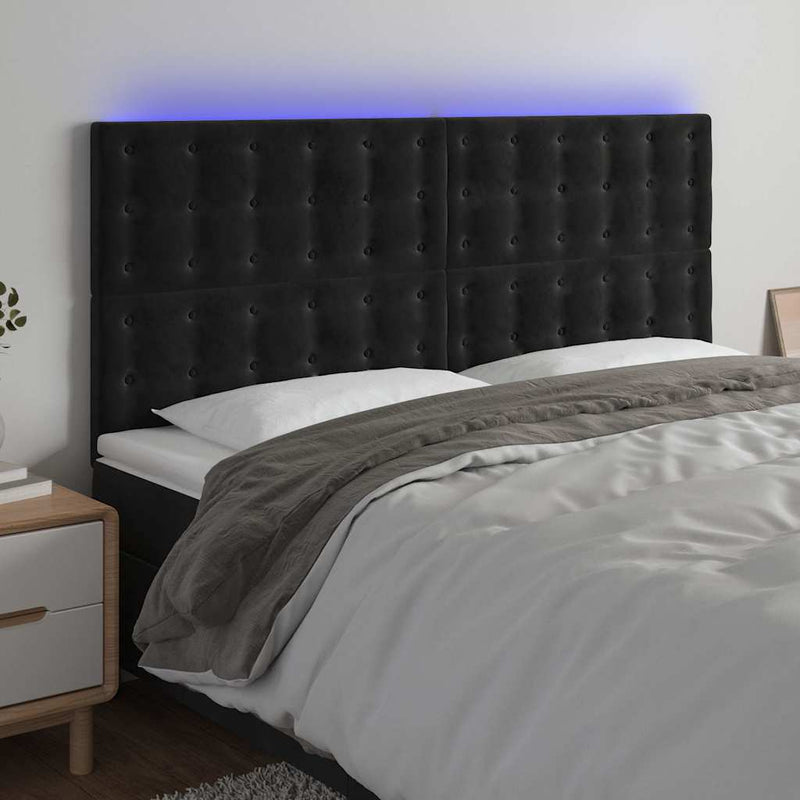 Tăblie de pat cu LED, negru, 200x5x118/128 cm, catifea